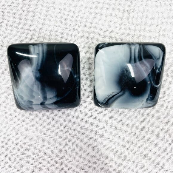 Vintage 80s Earrings Clip On Earrings Black White Marbled Vintage Modern Chunky - Picture 3 of 6